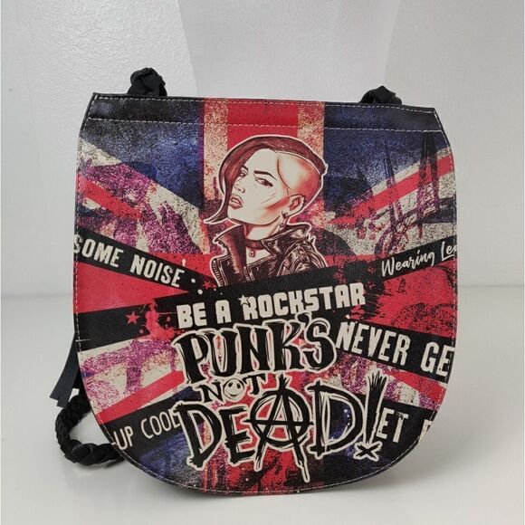☠️💥 BE A ROCKSTAR PUNK'S NOT DEAD MULTI COLOR VEGAN LEATHER SHOULDER BAG PURSE - Picture 5 of 10